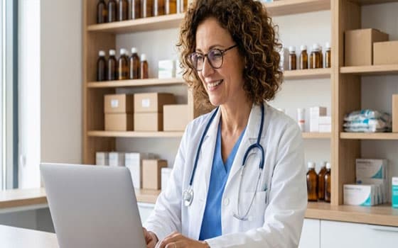 Doctor working on laptop in medical office