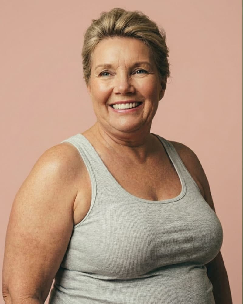 Smiling woman in grey tank top